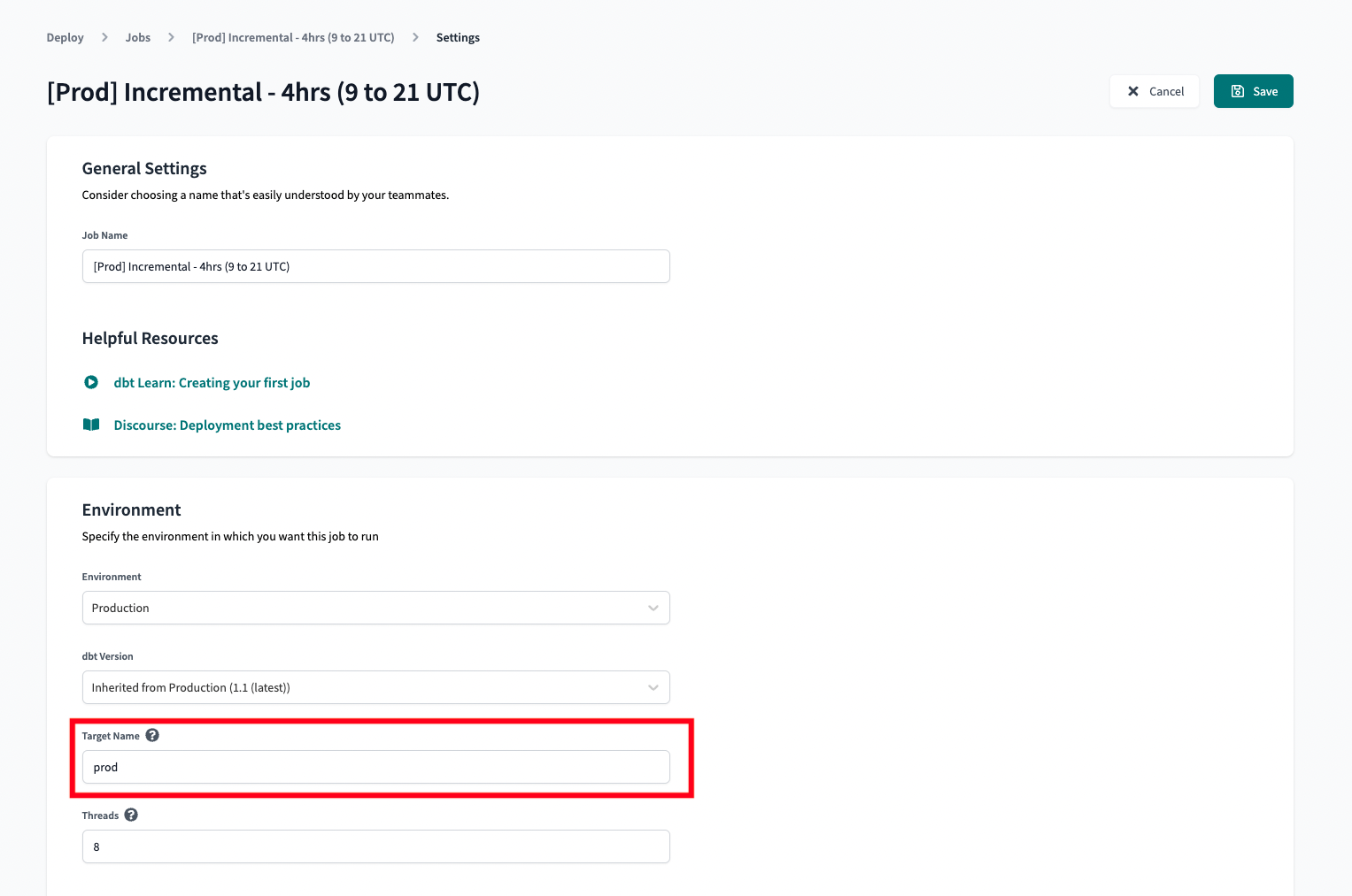 Overriding the target name to 'prod' Overriding the target name to 'prod'